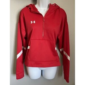 Under Armour Cropped Hoodie Sweater Womens Large Red White Fleece Storm Fleece